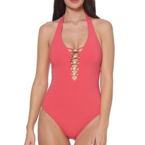 Halter low neck lace down one piece swimsuit